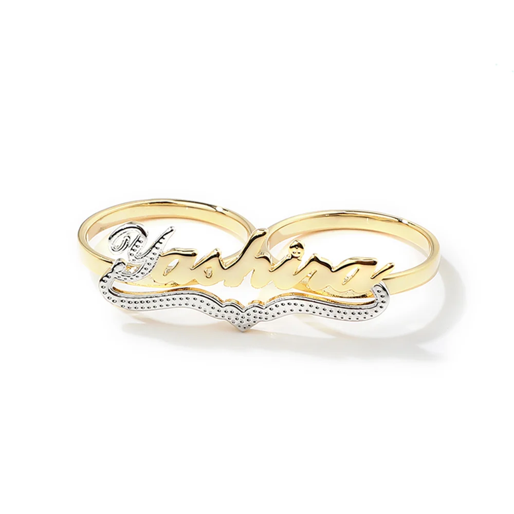 Personalized Letter Name Ring Double Color Heart Engraving Nameplate Ring Two Fingers Letter Women Ring