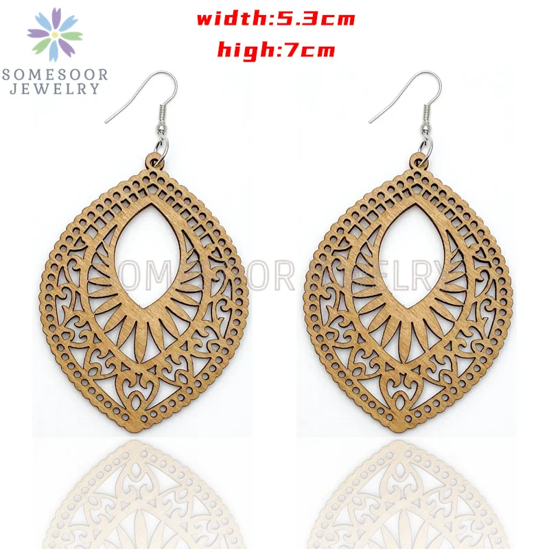 SOMESOOR Big Circle TearDrop Cutting Wooden Drop Earrings Engraved African Ethnic Natural Wood Dangle Jewelry For Women Gifts