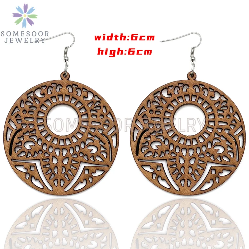 SOMESOOR Big Circle TearDrop Cutting Wooden Drop Earrings Engraved African Ethnic Natural Wood Dangle Jewelry For Women Gifts