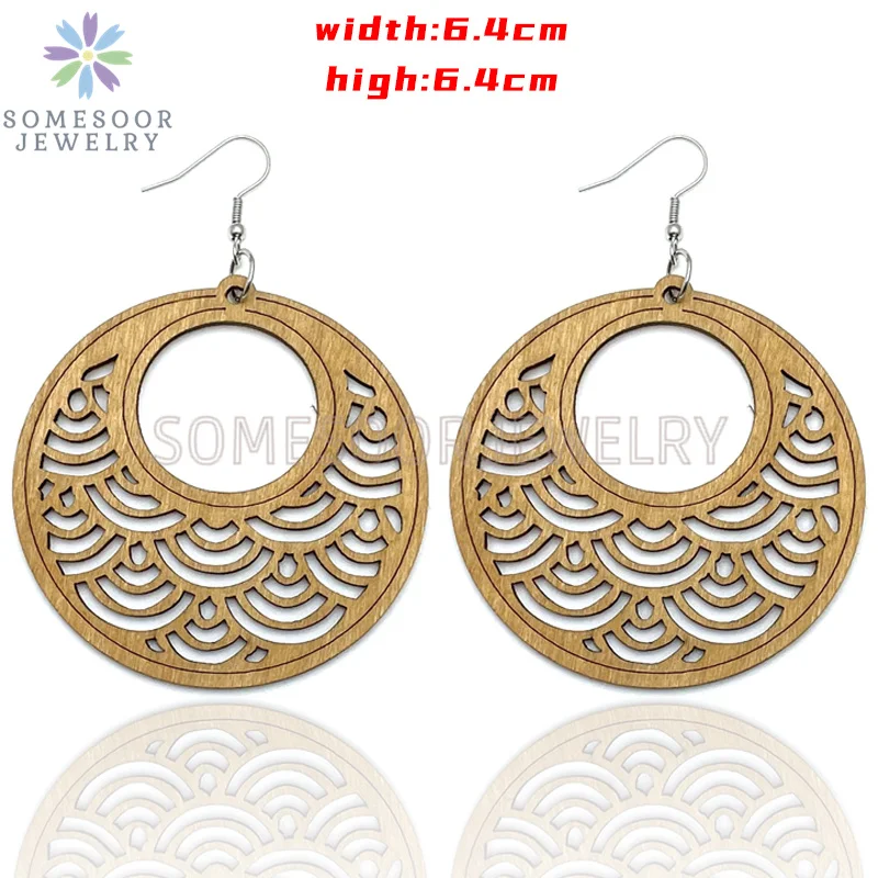 SOMESOOR Big Circle TearDrop Cutting Wooden Drop Earrings Engraved African Ethnic Natural Wood Dangle Jewelry For Women Gifts