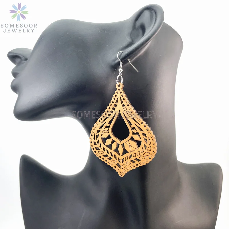 SOMESOOR Big Circle TearDrop Cutting Wooden Drop Earrings Engraved African Ethnic Natural Wood Dangle Jewelry For Women Gifts
