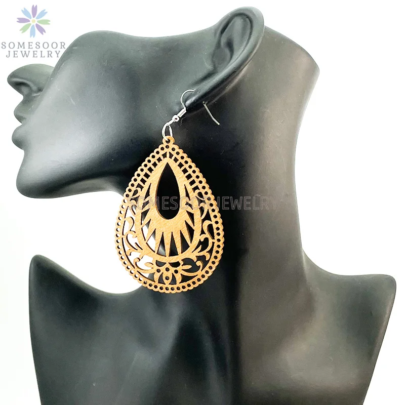 SOMESOOR Big Circle TearDrop Cutting Wooden Drop Earrings Engraved African Ethnic Natural Wood Dangle Jewelry For Women Gifts