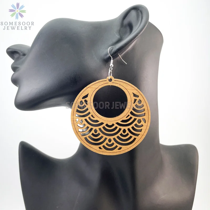 SOMESOOR Big Circle TearDrop Cutting Wooden Drop Earrings Engraved African Ethnic Natural Wood Dangle Jewelry For Women Gifts