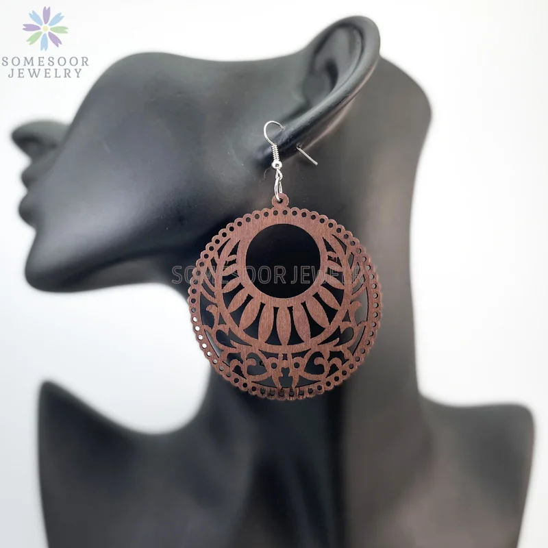 SOMESOOR Big Circle TearDrop Cutting Wooden Drop Earrings Engraved African Ethnic Natural Wood Dangle Jewelry For Women Gifts