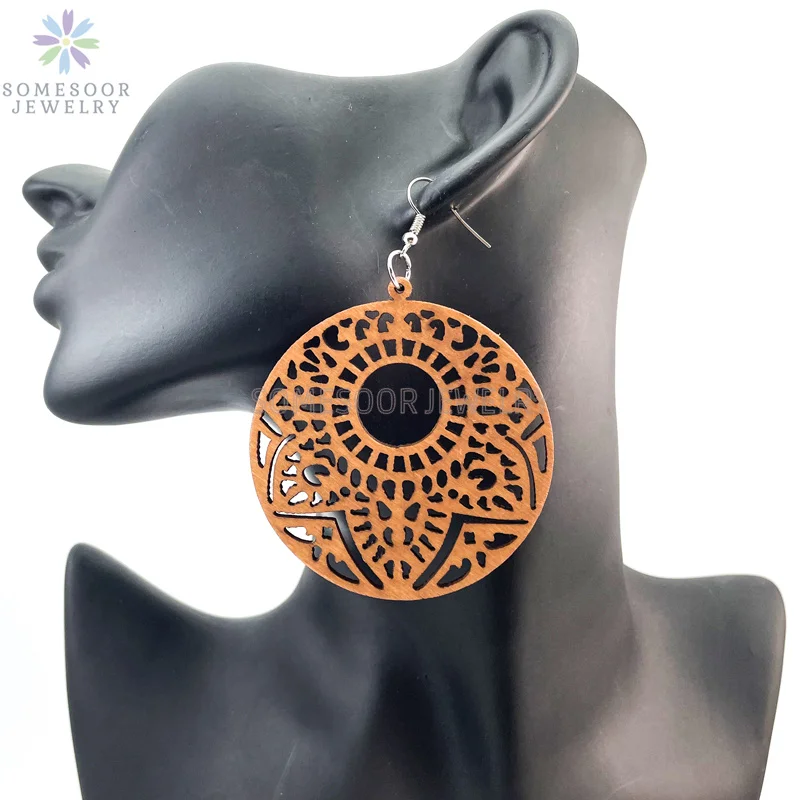 SOMESOOR Big Circle TearDrop Cutting Wooden Drop Earrings Engraved African Ethnic Natural Wood Dangle Jewelry For Women Gifts