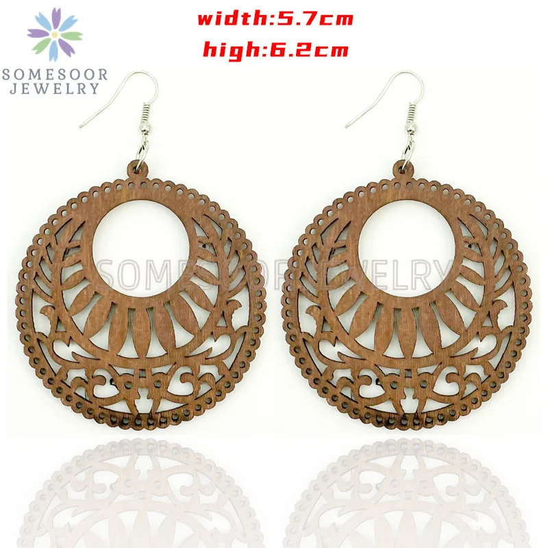 SOMESOOR Big Circle TearDrop Cutting Wooden Drop Earrings Engraved African Ethnic Natural Wood Dangle Jewelry For Women Gifts