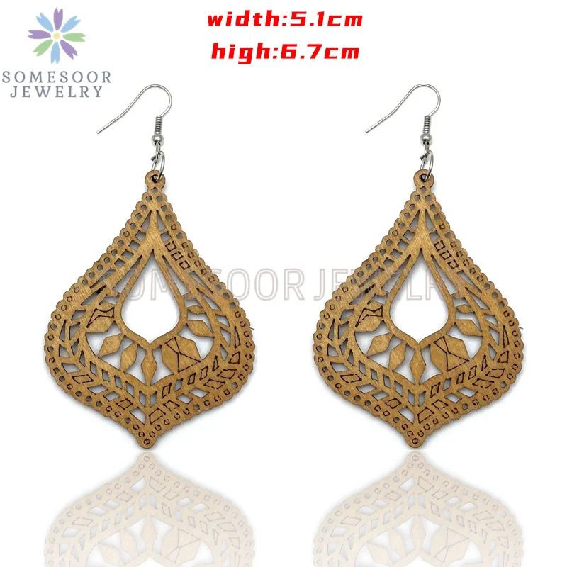 SOMESOOR Big Circle TearDrop Cutting Wooden Drop Earrings Engraved African Ethnic Natural Wood Dangle Jewelry For Women Gifts