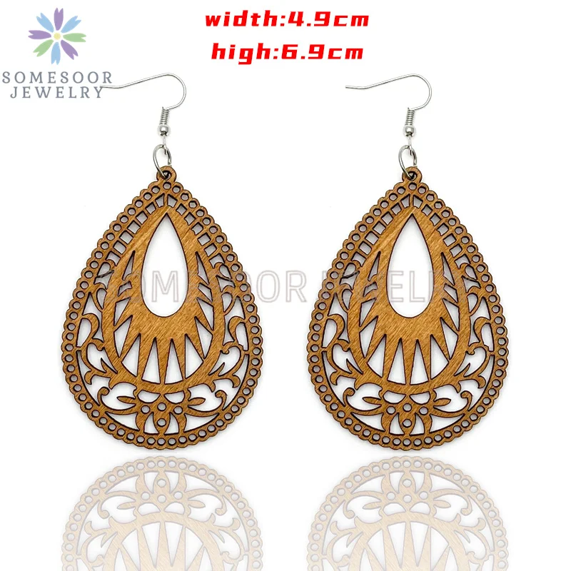 SOMESOOR Big Circle TearDrop Cutting Wooden Drop Earrings Engraved African Ethnic Natural Wood Dangle Jewelry For Women Gifts