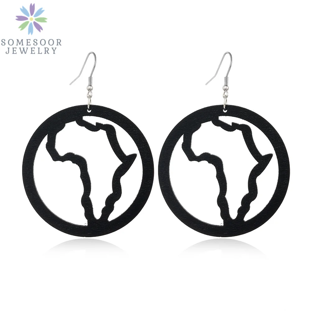 SOMESOOR Trendy Black Cutting Women Wooden Drop Earrings Collections African Ethnic Bohemain Engraved Dangle Jewelry Accessories