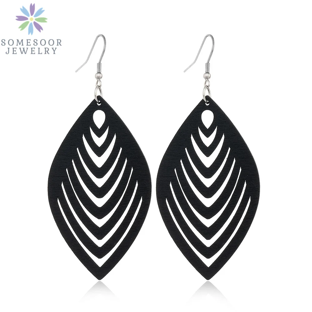 SOMESOOR Trendy Black Cutting Women Wooden Drop Earrings Collections African Ethnic Bohemain Engraved Dangle Jewelry Accessories