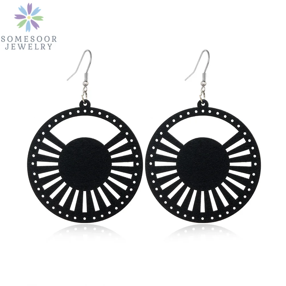 SOMESOOR Trendy Black Cutting Women Wooden Drop Earrings Collections African Ethnic Bohemain Engraved Dangle Jewelry Accessories