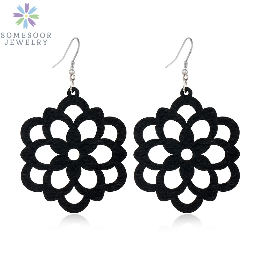 SOMESOOR Trendy Black Cutting Women Wooden Drop Earrings Collections African Ethnic Bohemain Engraved Dangle Jewelry Accessories