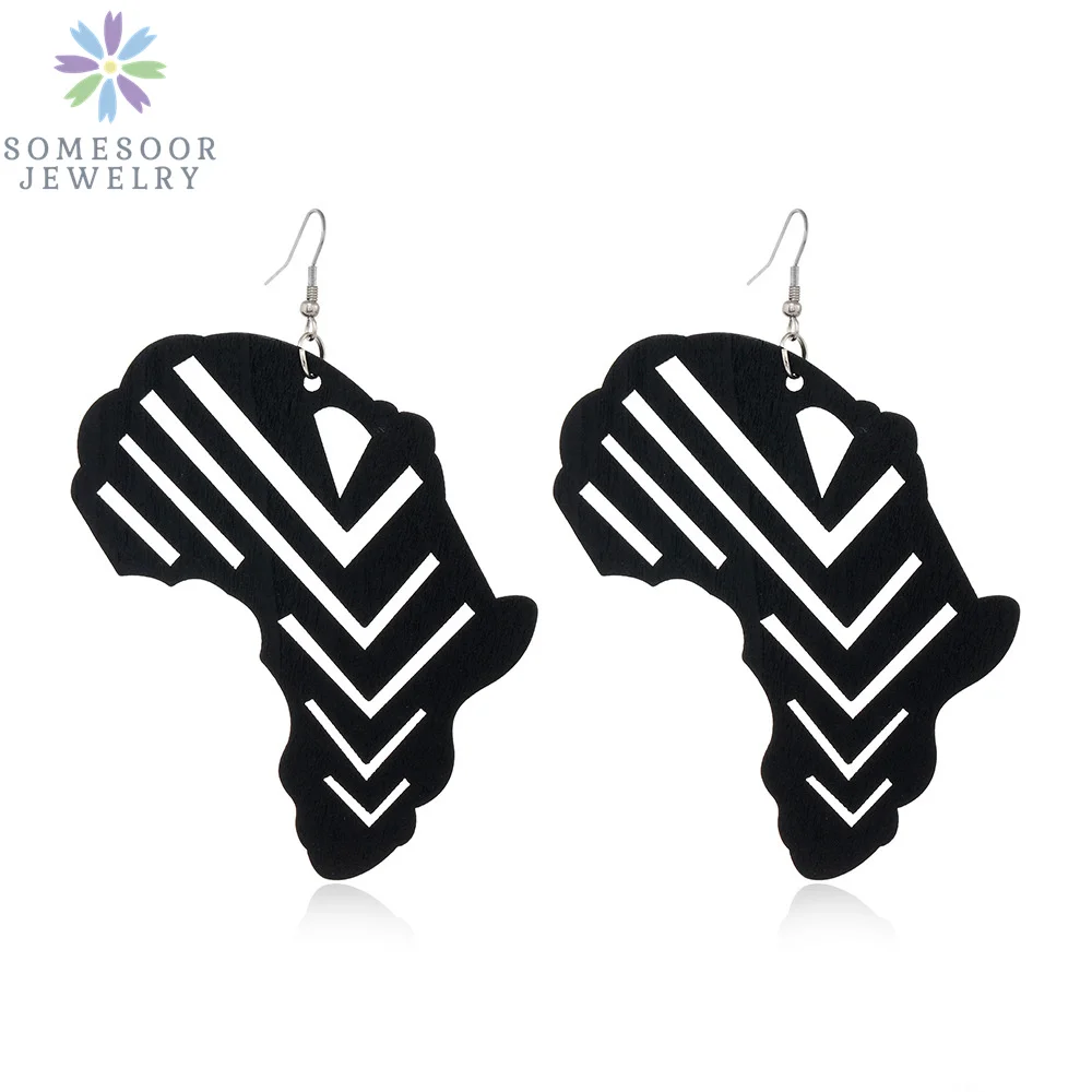 SOMESOOR Trendy Black Cutting Women Wooden Drop Earrings Collections African Ethnic Bohemain Engraved Dangle Jewelry Accessories
