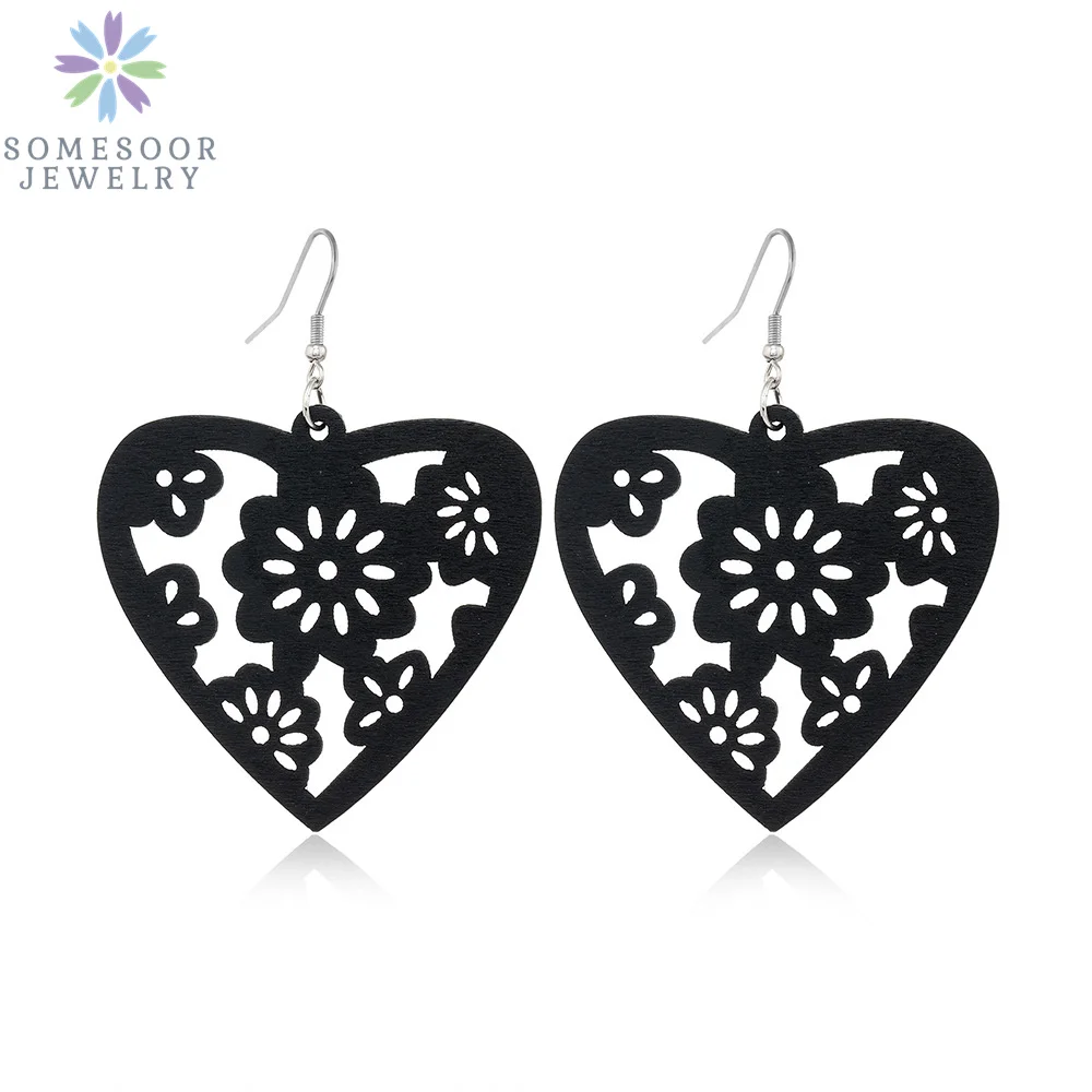 SOMESOOR Trendy Black Cutting Women Wooden Drop Earrings Collections African Ethnic Bohemain Engraved Dangle Jewelry Accessories