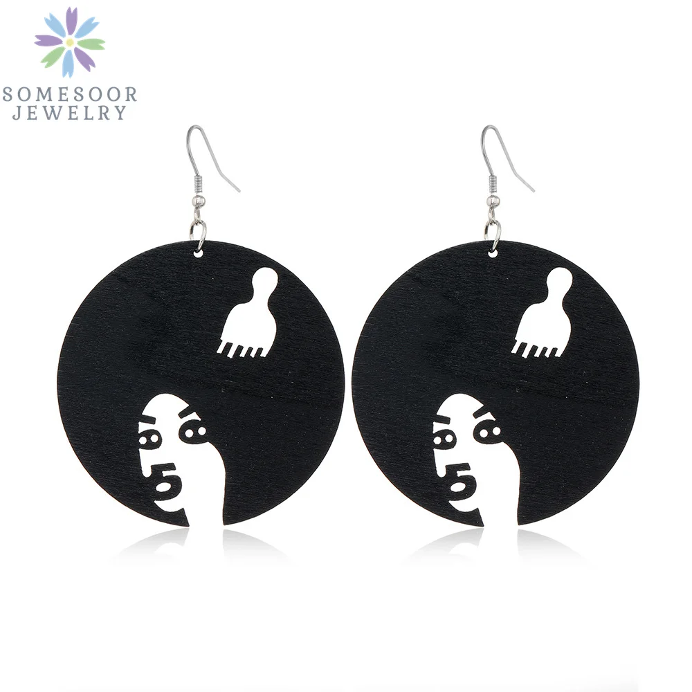 SOMESOOR Trendy Black Cutting Women Wooden Drop Earrings Collections African Ethnic Bohemain Engraved Dangle Jewelry Accessories