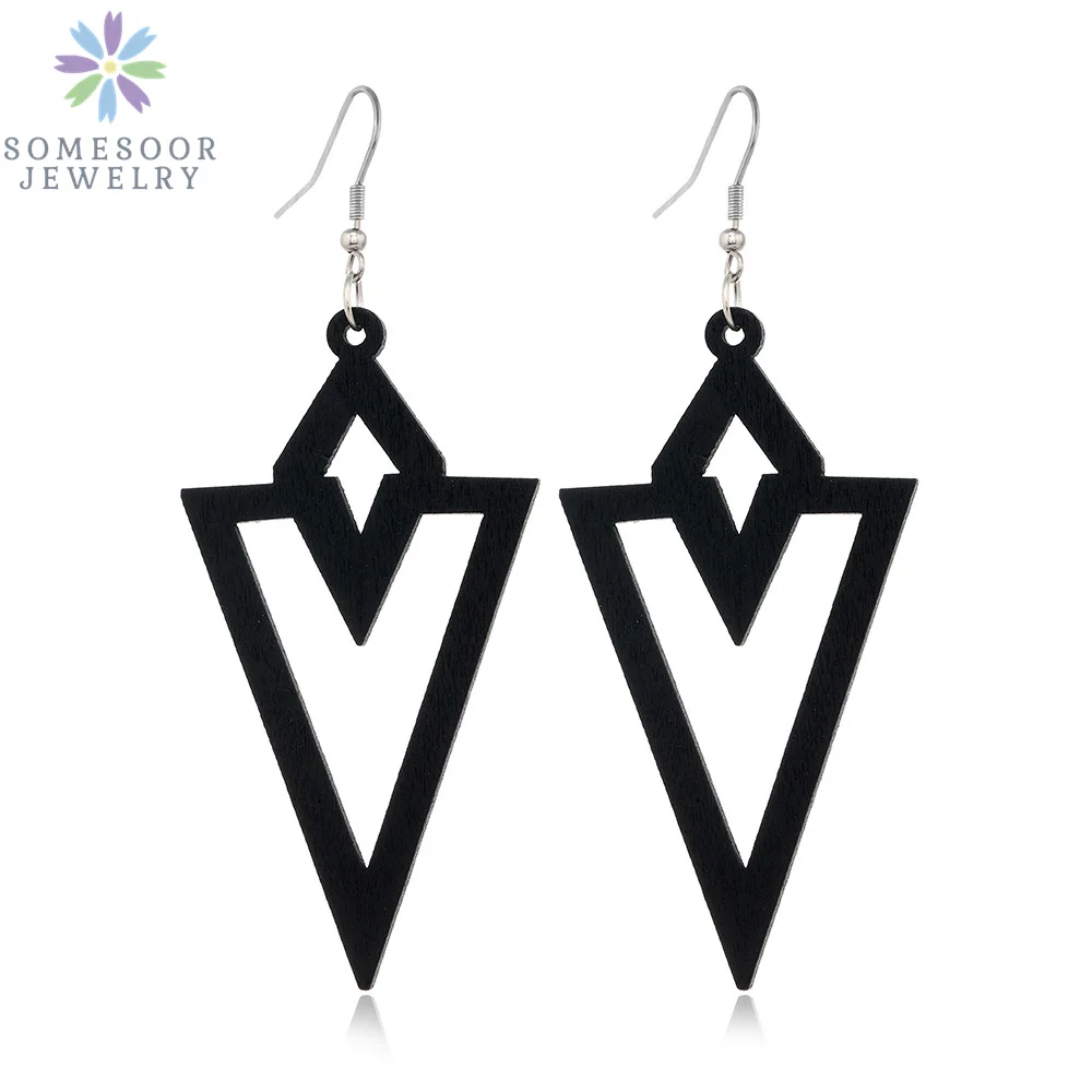 SOMESOOR Trendy Black Cutting Women Wooden Drop Earrings Collections African Ethnic Bohemain Engraved Dangle Jewelry Accessories