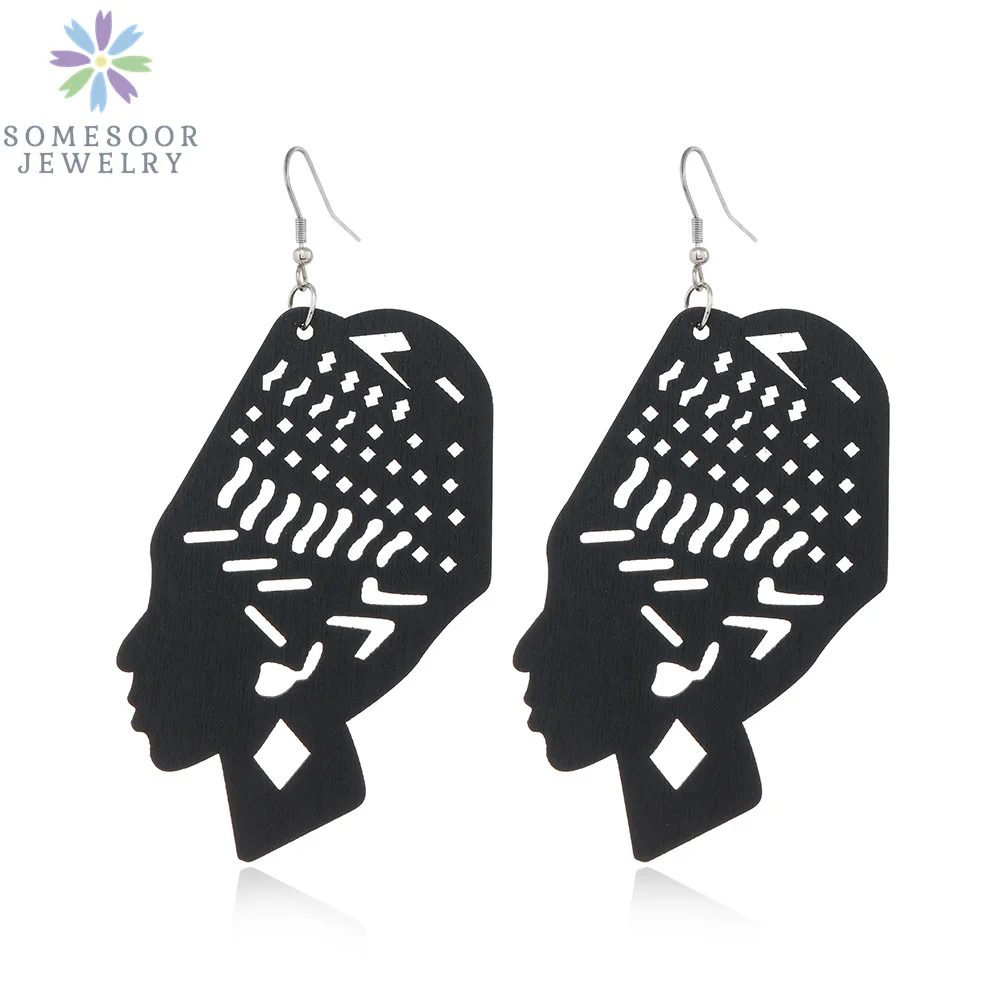 SOMESOOR Trendy Black Cutting Women Wooden Drop Earrings Collections African Ethnic Bohemain Engraved Dangle Jewelry Accessories