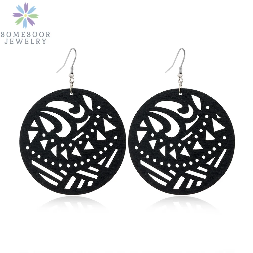 SOMESOOR Trendy Black Cutting Women Wooden Drop Earrings Collections African Ethnic Bohemain Engraved Dangle Jewelry Accessories