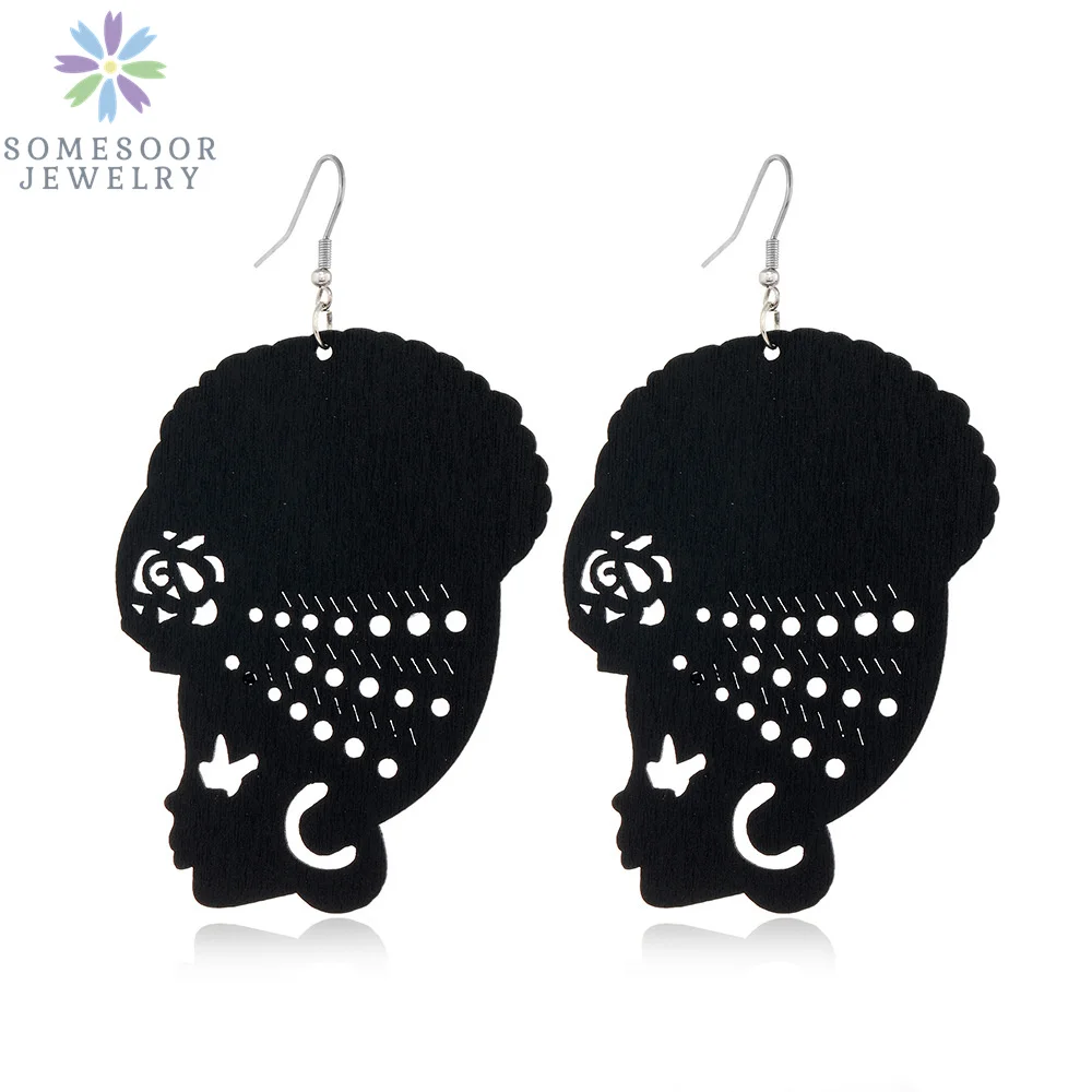 SOMESOOR Trendy Black Cutting Women Wooden Drop Earrings Collections African Ethnic Bohemain Engraved Dangle Jewelry Accessories