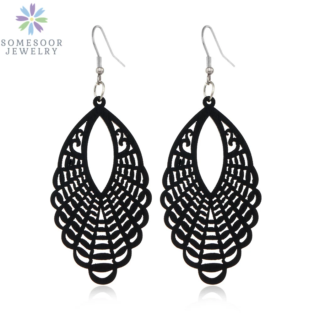 SOMESOOR Trendy Black Cutting Women Wooden Drop Earrings Collections African Ethnic Bohemain Engraved Dangle Jewelry Accessories