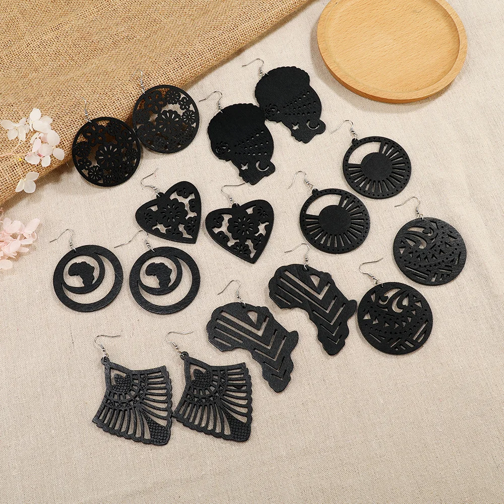 SOMESOOR Trendy Black Cutting Women Wooden Drop Earrings Collections African Ethnic Bohemain Engraved Dangle Jewelry Accessories