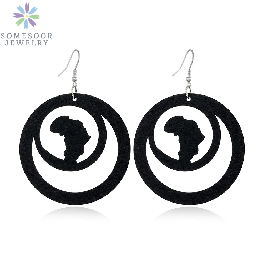 SOMESOOR Trendy Black Cutting Women Wooden Drop Earrings Collections African Ethnic Bohemain Engraved Dangle Jewelry Accessories