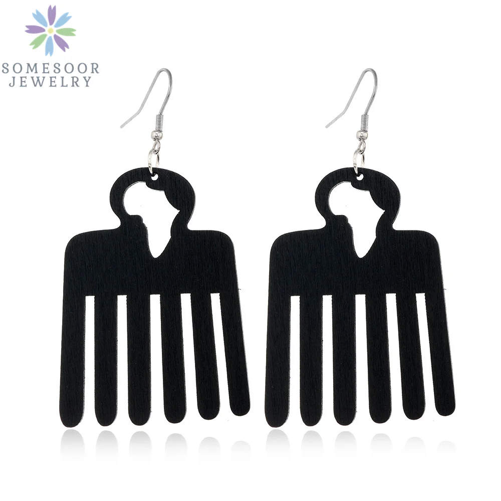 SOMESOOR Trendy Black Cutting Women Wooden Drop Earrings Collections African Ethnic Bohemain Engraved Dangle Jewelry Accessories