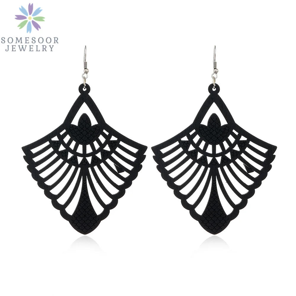 SOMESOOR Trendy Black Cutting Women Wooden Drop Earrings Collections African Ethnic Bohemain Engraved Dangle Jewelry Accessories