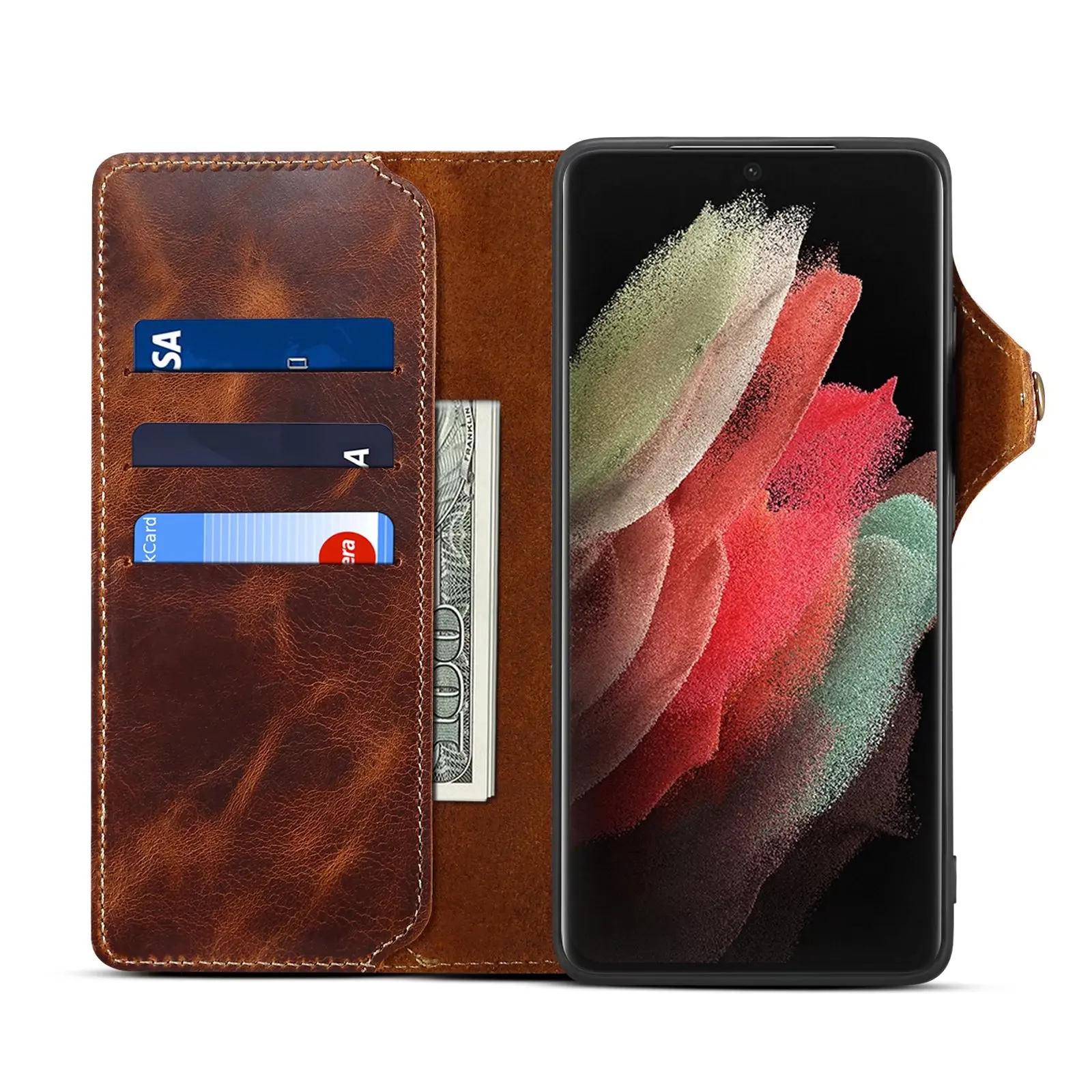 For Samsung Galaxy S23 S22 Ultra S21 S20 S10 Plus S9 Note 8 9 10 20 100% Real Cowhide Leather Case Vintage Card Bag Wallet Cover