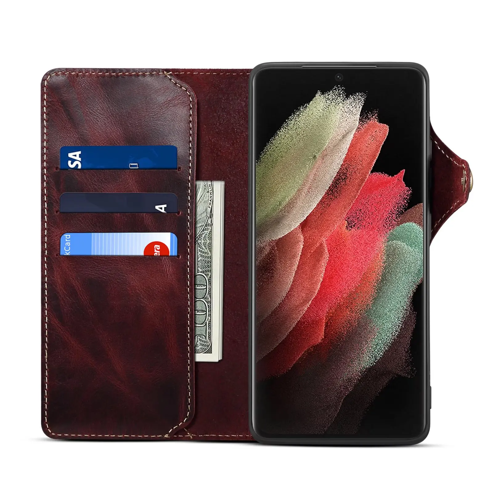 For Samsung Galaxy S23 S22 Ultra S21 S20 S10 Plus S9 Note 8 9 10 20 100% Real Cowhide Leather Case Vintage Card Bag Wallet Cover