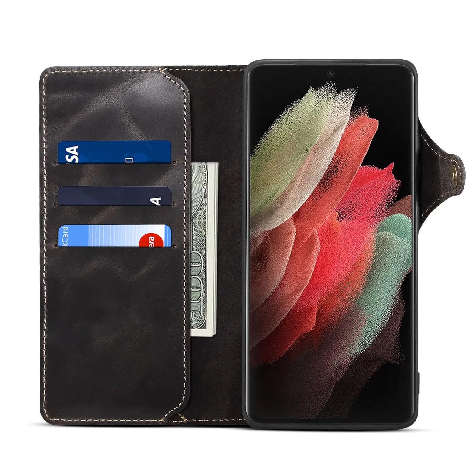 For Samsung Galaxy S23 S22 Ultra S21 S20 S10 Plus S9 Note 8 9 10 20 100% Real Cowhide Leather Case Vintage Card Bag Wallet Cover