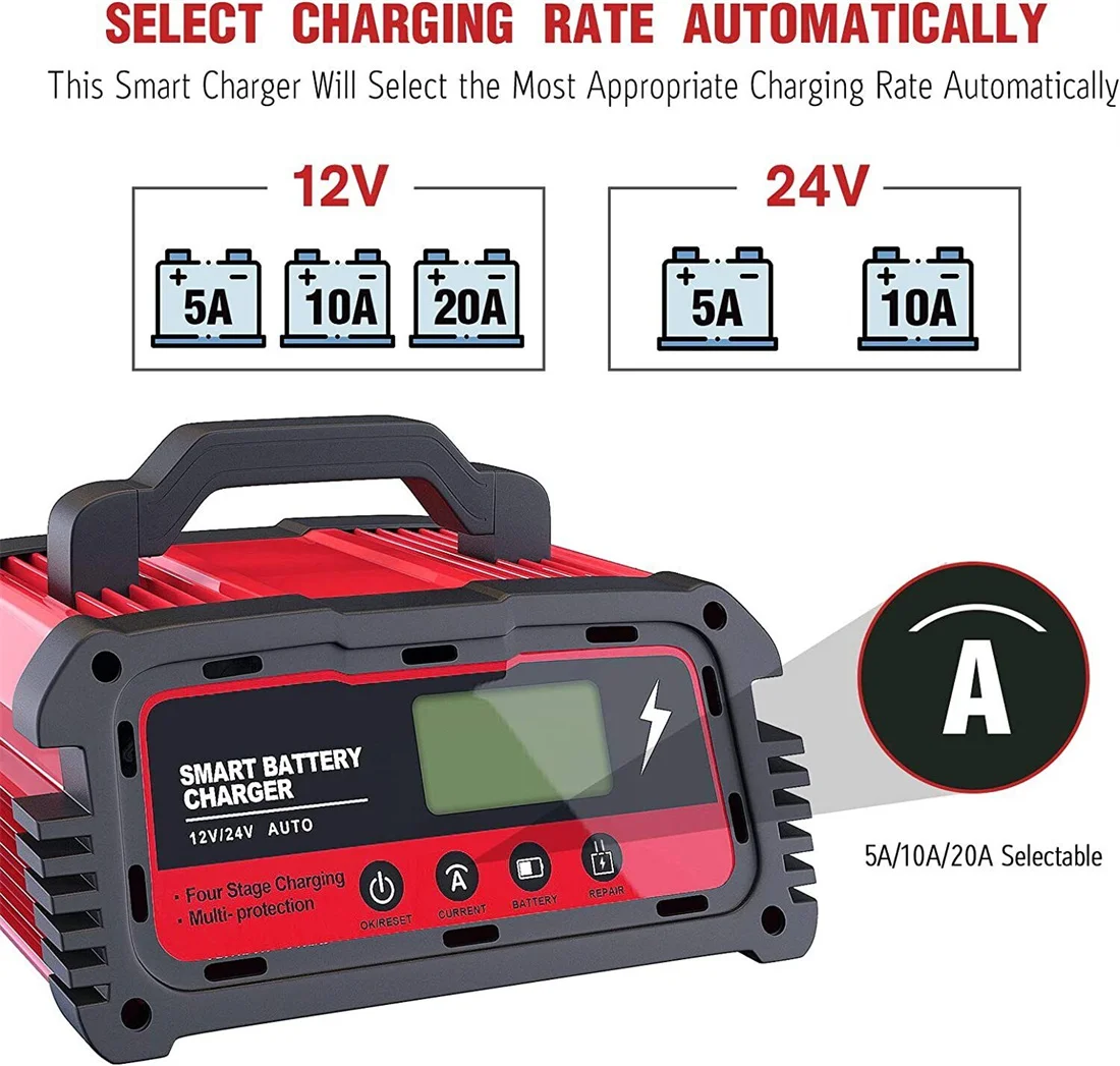 Car Lead-Acid Battery Charger 12/24V 25/10/5A Fully Automatic Smart Charging AGM GEL Circulation Diagnostic Testing Pulse Repair