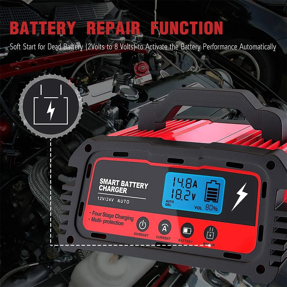 Car Lead-Acid Battery Charger 12/24V 25/10/5A Fully Automatic Smart Charging AGM GEL Circulation Diagnostic Testing Pulse Repair