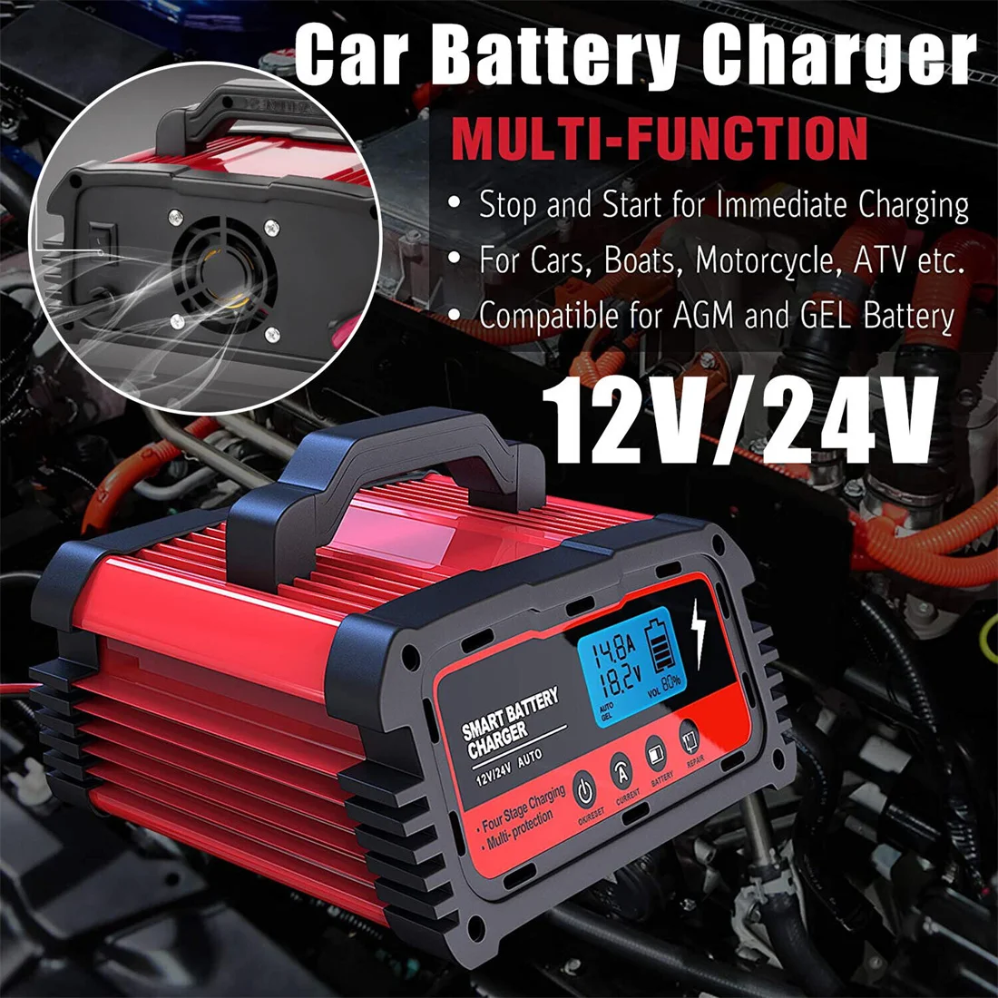 Car Lead-Acid Battery Charger 12/24V 25/10/5A Fully Automatic Smart Charging AGM GEL Circulation Diagnostic Testing Pulse Repair
