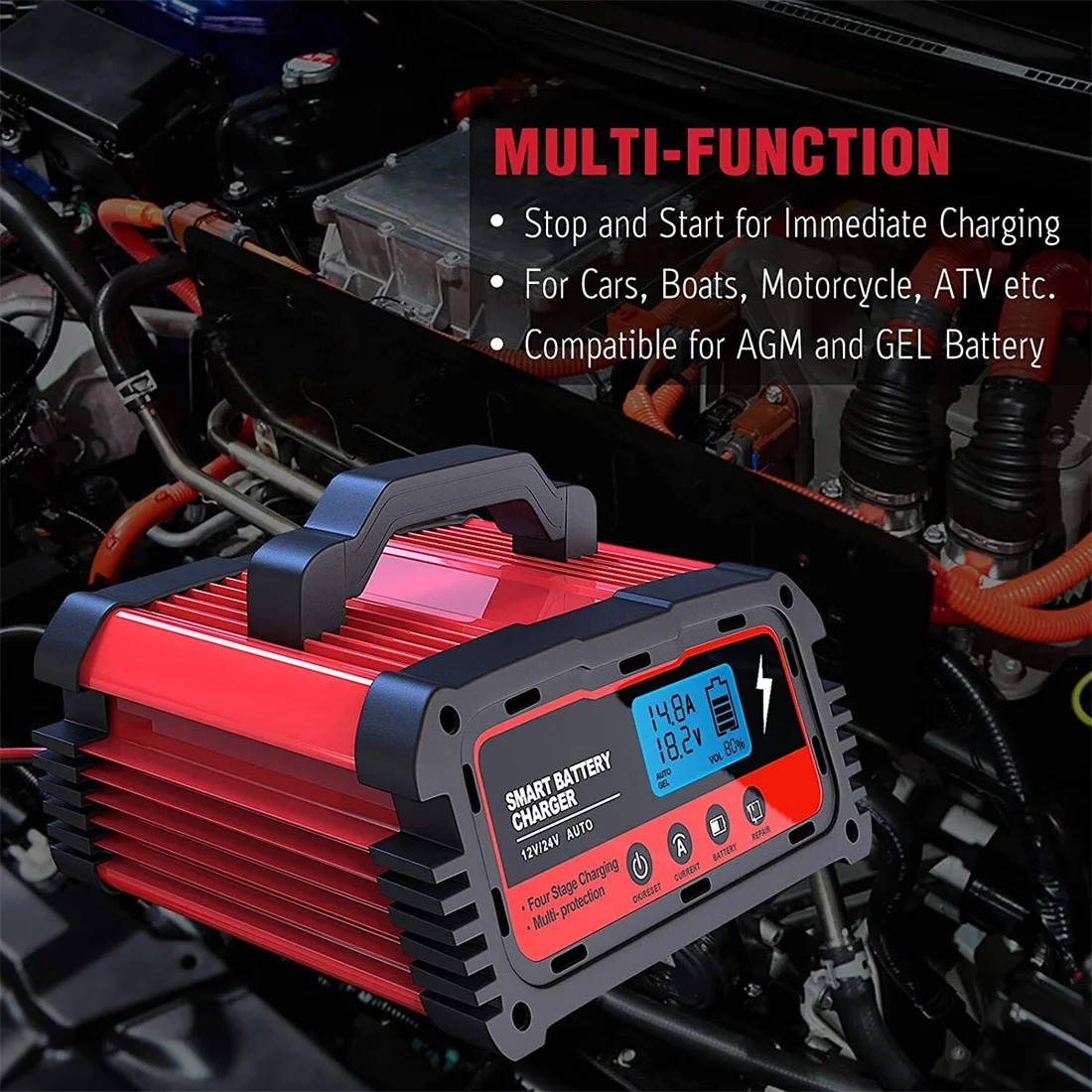 Car Lead-Acid Battery Charger 12/24V 25/10/5A Fully Automatic Smart Charging AGM GEL Circulation Diagnostic Testing Pulse Repair