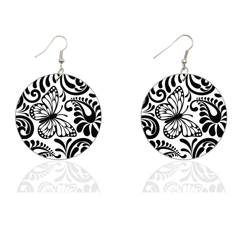 Vintage 5cm Small Round Wooden Drop Earrings Bohemian Flower Black White Prints Afro Ethnic Loops Dangle Jewelry For Women Gifts