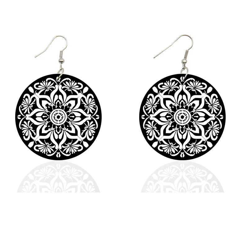 Vintage 5cm Small Round Wooden Drop Earrings Bohemian Flower Black White Prints Afro Ethnic Loops Dangle Jewelry For Women Gifts