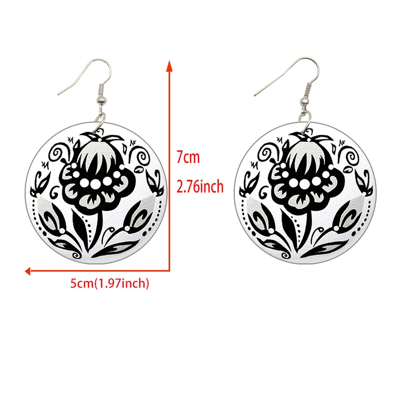 Vintage 5cm Small Round Wooden Drop Earrings Bohemian Flower Black White Prints Afro Ethnic Loops Dangle Jewelry For Women Gifts