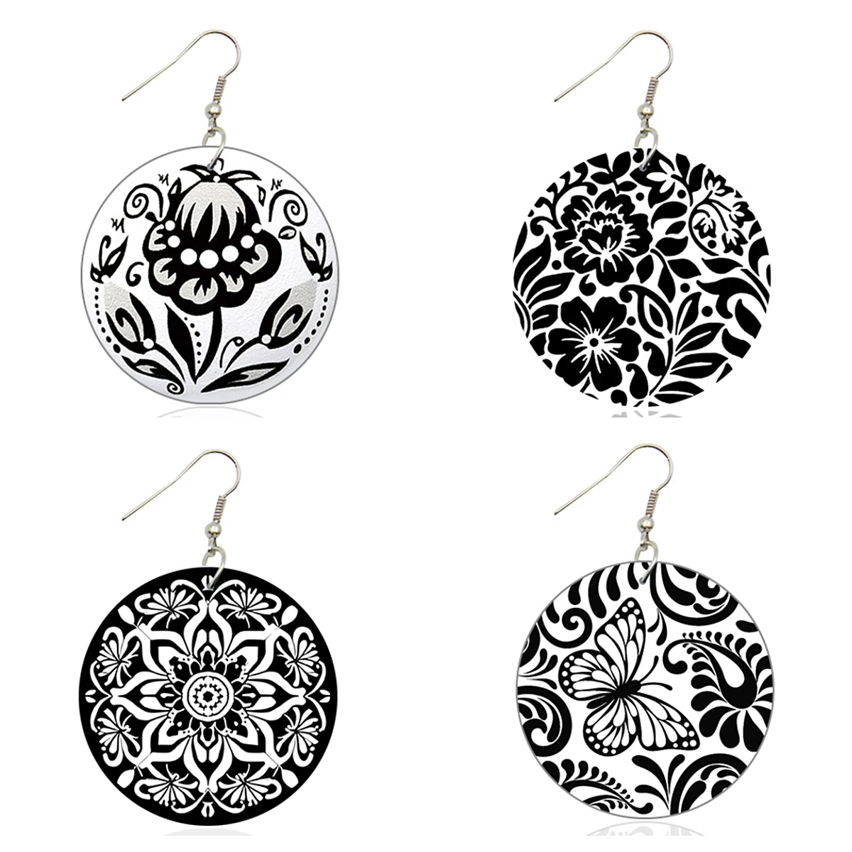 Vintage 5cm Small Round Wooden Drop Earrings Bohemian Flower Black White Prints Afro Ethnic Loops Dangle Jewelry For Women Gifts
