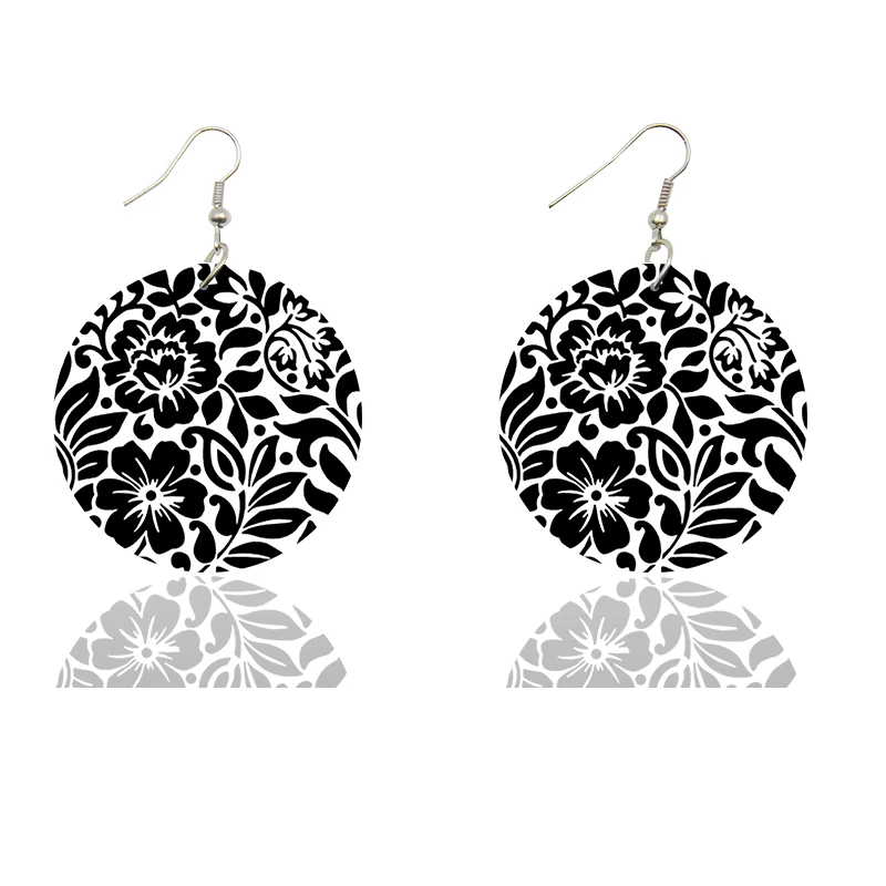 Vintage 5cm Small Round Wooden Drop Earrings Bohemian Flower Black White Prints Afro Ethnic Loops Dangle Jewelry For Women Gifts