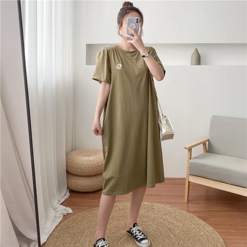 Maternity Simple Pure Color Breastfeeding Dress Long Skirt Short Sleeve Cotton Maternity Dresses Pregnant Women Clothes Tops