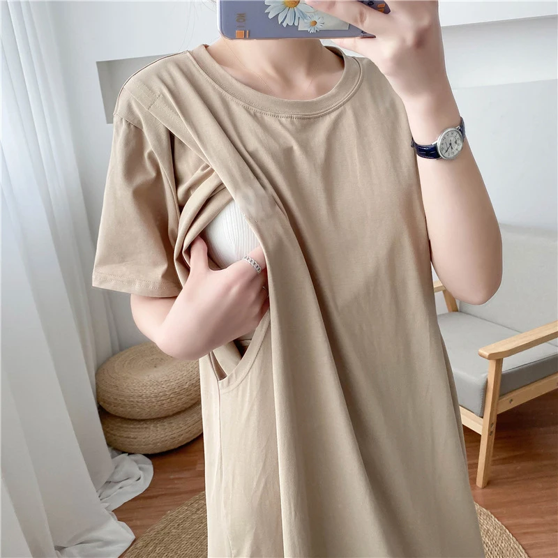 Maternity Simple Pure Color Breastfeeding Dress Long Skirt Short Sleeve Cotton Maternity Dresses Pregnant Women Clothes Tops