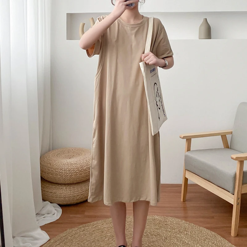 Maternity Simple Pure Color Breastfeeding Dress Long Skirt Short Sleeve Cotton Maternity Dresses Pregnant Women Clothes Tops