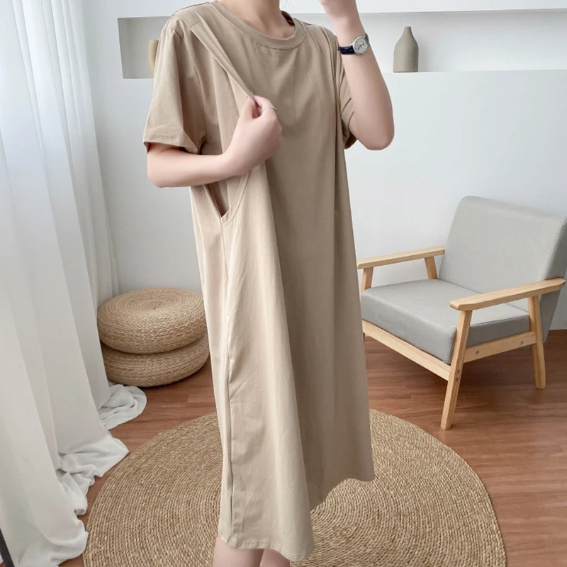 Maternity Simple Pure Color Breastfeeding Dress Long Skirt Short Sleeve Cotton Maternity Dresses Pregnant Women Clothes Tops