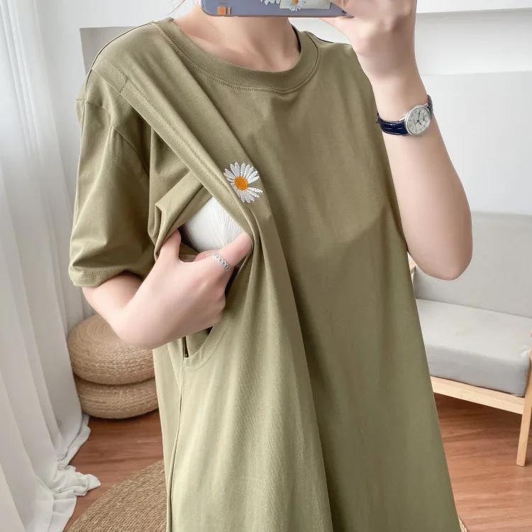 Maternity Simple Pure Color Breastfeeding Dress Long Skirt Short Sleeve Cotton Maternity Dresses Pregnant Women Clothes Tops