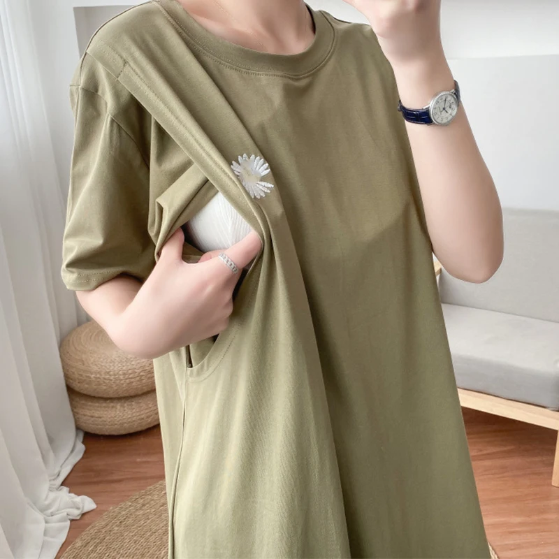 Maternity Simple Pure Color Breastfeeding Dress Long Skirt Short Sleeve Cotton Maternity Dresses Pregnant Women Clothes Tops