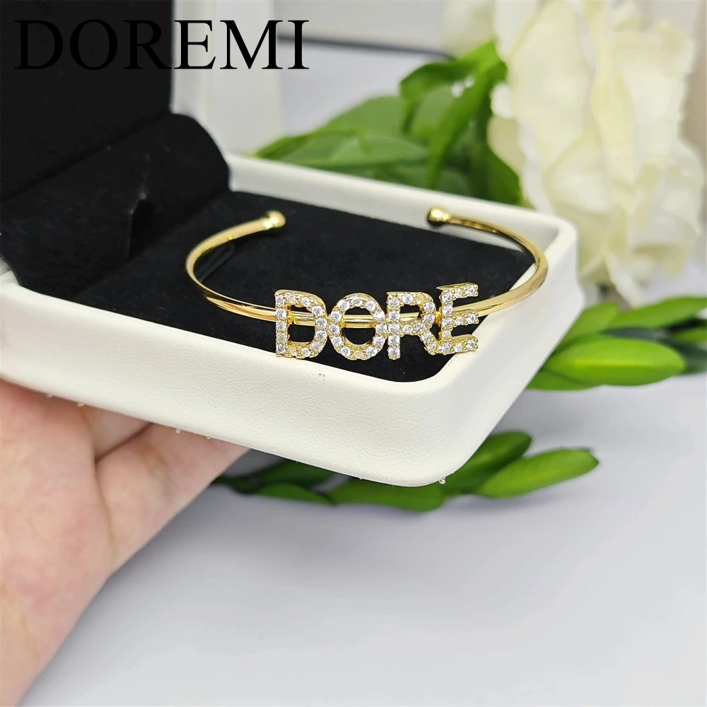 DOREMI 9mm Initial Letter Name Cuff Bangle Personalized Jewelry Women Gift Bangle Bracelet Name Custom Zircon Bangle