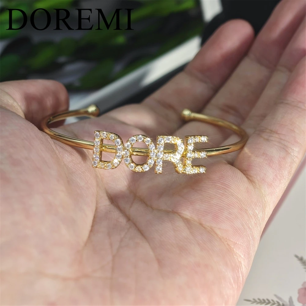 DOREMI 9mm Initial Letter Name Cuff Bangle Personalized Jewelry Women Gift Bangle Bracelet Name Custom Zircon Bangle
