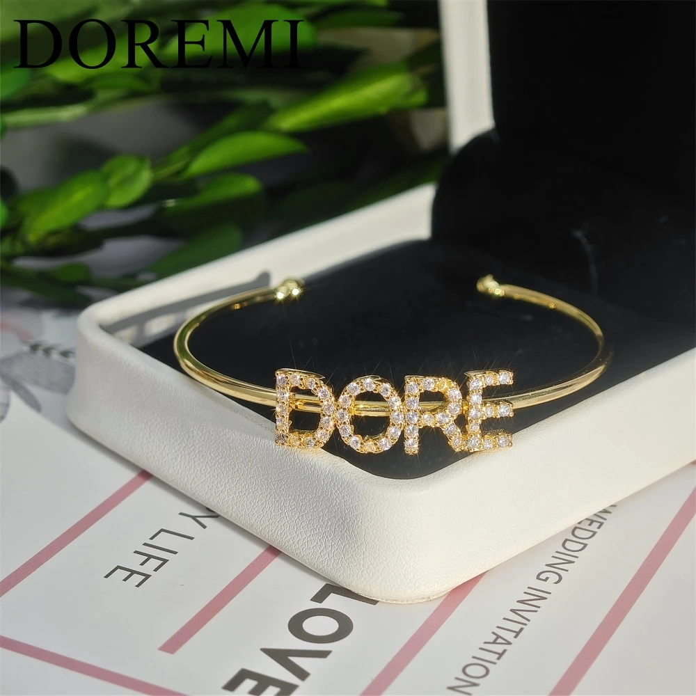 DOREMI 9mm Initial Letter Name Cuff Bangle Personalized Jewelry Women Gift Bangle Bracelet Name Custom Zircon Bangle