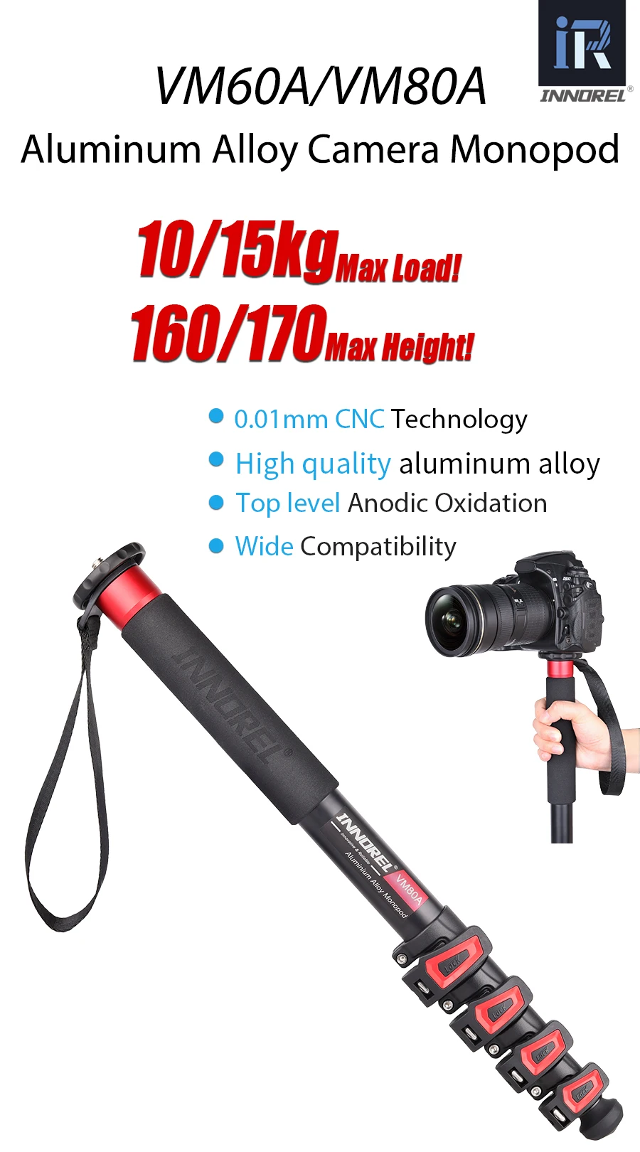 INNOREL VM60A/VM80A Aluminum Alloy Camera Monopod 170cm Professional Portable Video Stand for Canon Nikon GoPro DSLR Camcorder